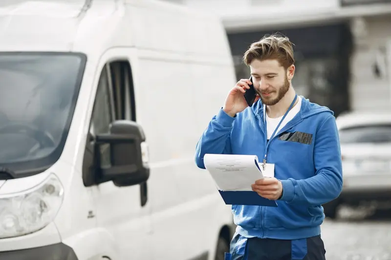 Man holding a clipboard checklist while talking on the phone by a white vehicle for Big Van Rental services in Cyprus